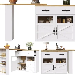 Table de Bar Extensible - Buffet Pivotant à Rotation Complète avec Étagères et Tiroirs, MDF - Blanc, 138-204x39x104 cm