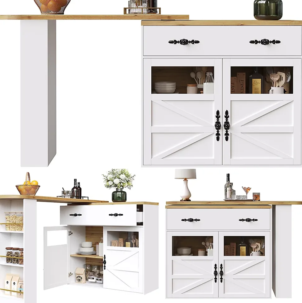 Table de Bar Extensible - Buffet Pivotant à Rotation Complète avec Étagères et Tiroirs, MDF - Blanc, 138-204x39x104 cm