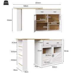 Table de Bar Extensible - Buffet Pivotant à Rotation Complète avec Étagères et Tiroirs, MDF - Blanc, 138-204x39x104 cm