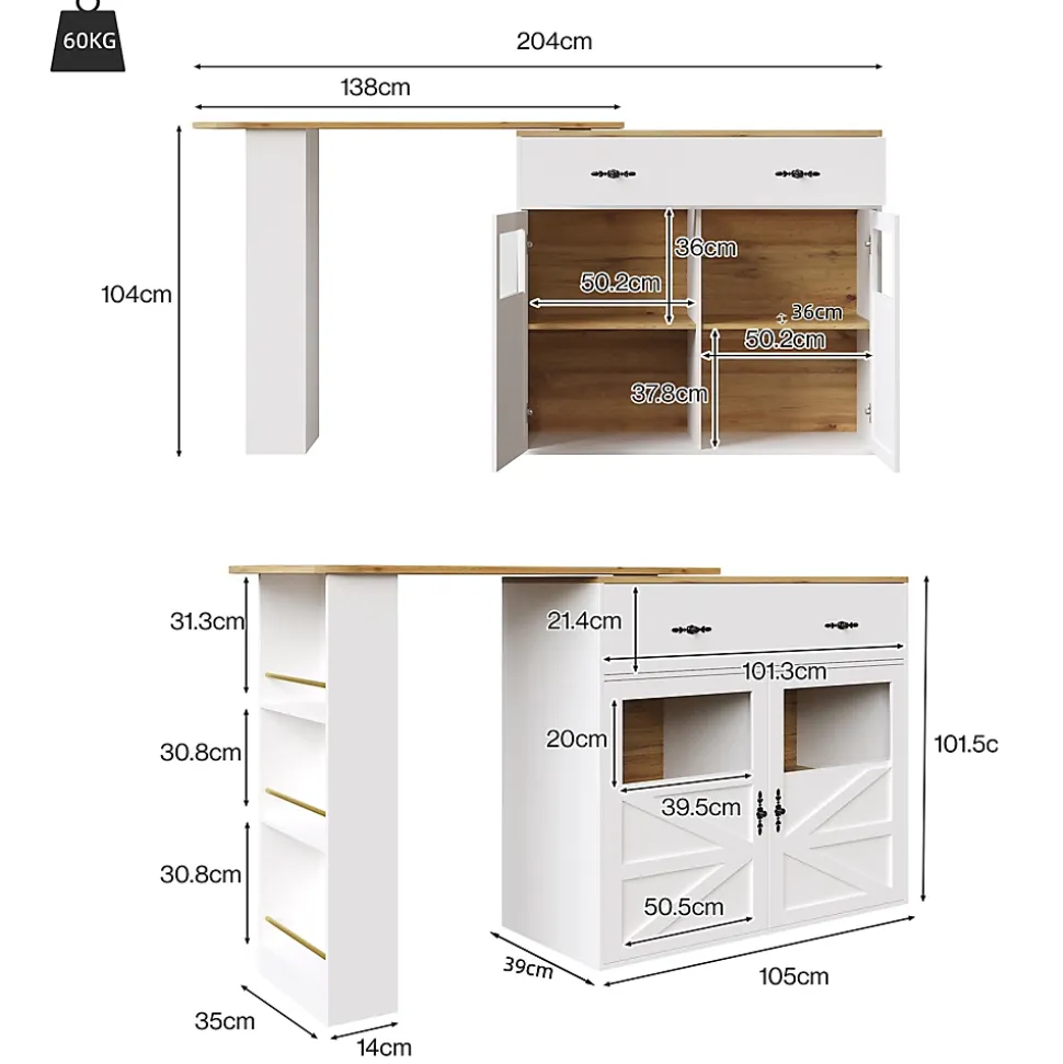 Table de Bar Extensible - Buffet Pivotant à Rotation Complète avec Étagères et Tiroirs, MDF - Blanc, 138-204x39x104 cm