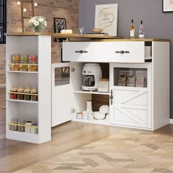 Table de Bar Extensible - Buffet Pivotant à Rotation Complète avec Étagères et Tiroirs, MDF - Blanc, 138-204x39x104 cm