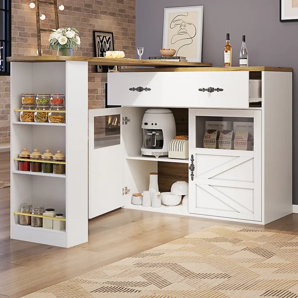 Table de Bar Extensible - Buffet Pivotant à Rotation Complète avec Étagères et Tiroirs, MDF - Blanc, 138-204x39x104 cm