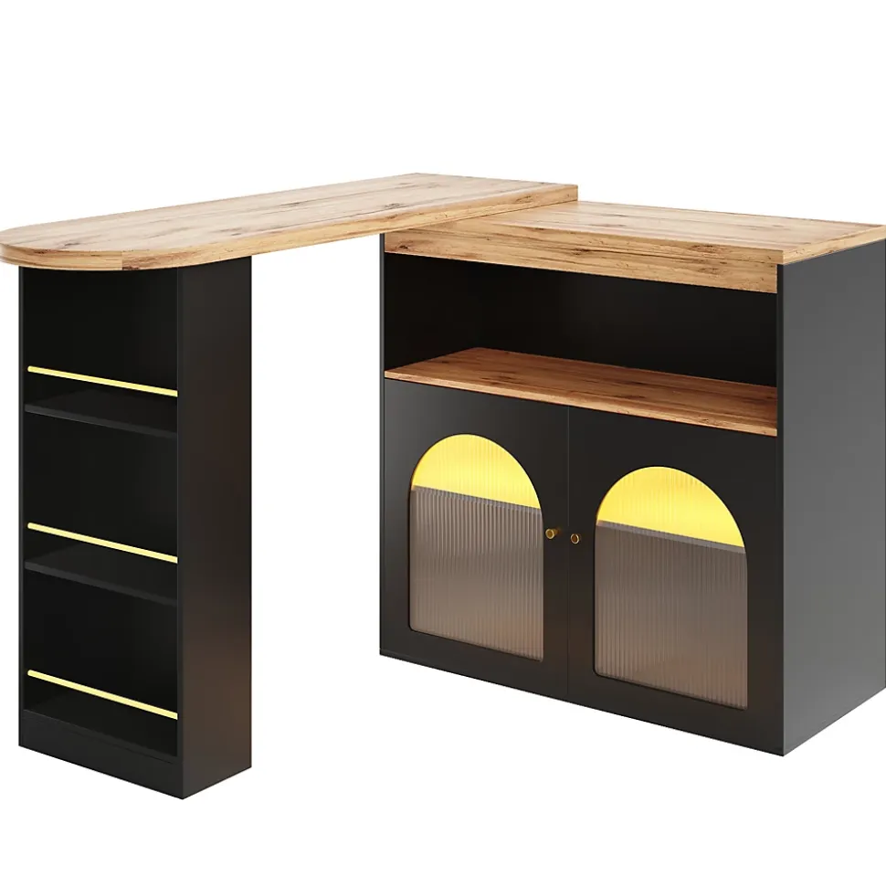 Table de Bar Extensible - Table Haute avec Rangements et LED, Table Pivotante Moderne pour Salle à Manger, 138-193x39x105 cm, Noir