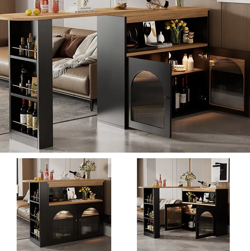 Table de Bar Extensible - Table Haute avec Rangements et LED, Table Pivotante Moderne pour Salle à Manger, 138-193x39x105 cm, Noir