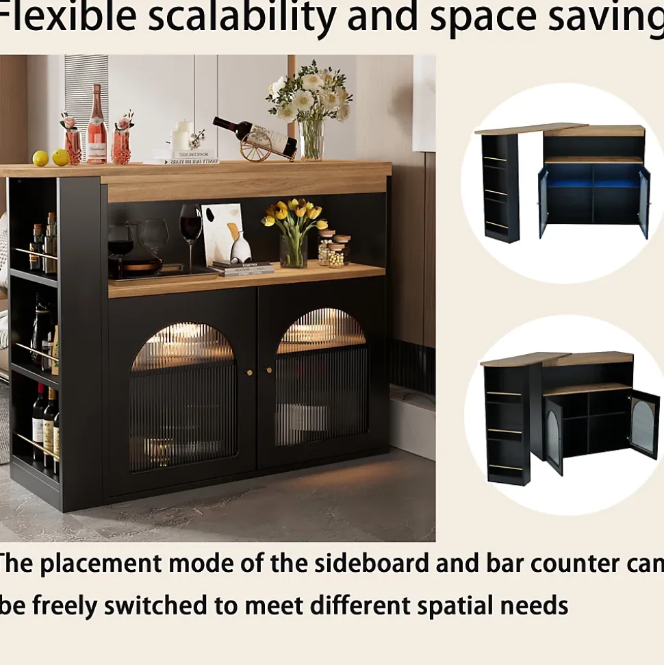 Table de Bar Extensible - Table Haute avec Rangements et LED, Table Pivotante Moderne pour Salle à Manger, 138-193x39x105 cm, Noir