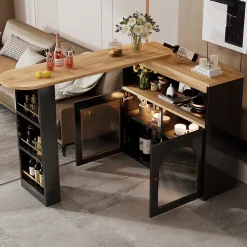 Table de Bar Extensible - Table Haute avec Rangements et LED, Table Pivotante Moderne pour Salle à Manger, 138-193x39x105 cm, Noir