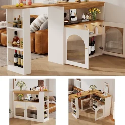 Table de Bar Extensible - Table Haute Pivotante Moderne avec Rangements et LED, pour Salle à Manger, 138-193x39x105 cm, Blanc
