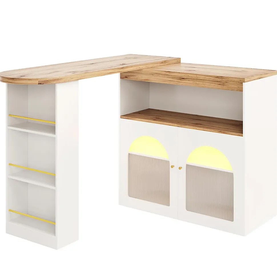Table de Bar Extensible - Table Haute Pivotante Moderne avec Rangements et LED, pour Salle à Manger, 138-193x39x105 cm, Blanc