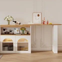 Table de Bar Extensible - Table Haute Pivotante Moderne avec Rangements et LED, pour Salle à Manger, 138-193x39x105 cm, Blanc