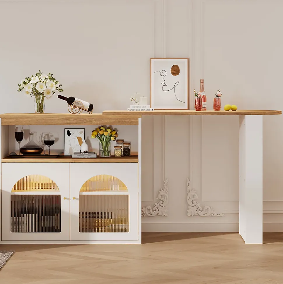 Table de Bar Extensible - Table Haute Pivotante Moderne avec Rangements et LED, pour Salle à Manger, 138-193x39x105 cm, Blanc