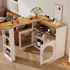 Table de Bar Extensible - Table Haute Pivotante Moderne avec Rangements et LED, pour Salle à Manger, 138-193x39x105 cm, Blanc