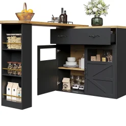 Table de Bar Extensible - Buffet Pivotant à Rotation Complète avec Rangement et Étagères, MDF - Noir, 138-204x39x104 cm