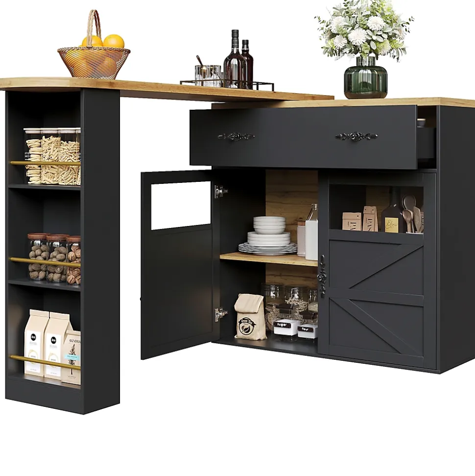 Table de Bar Extensible - Buffet Pivotant à Rotation Complète avec Rangement et Étagères, MDF - Noir, 138-204x39x104 cm