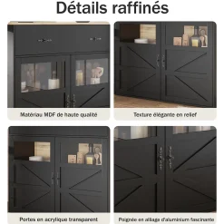 Table de Bar Extensible - Buffet Pivotant à Rotation Complète avec Rangement et Étagères, MDF - Noir, 138-204x39x104 cm