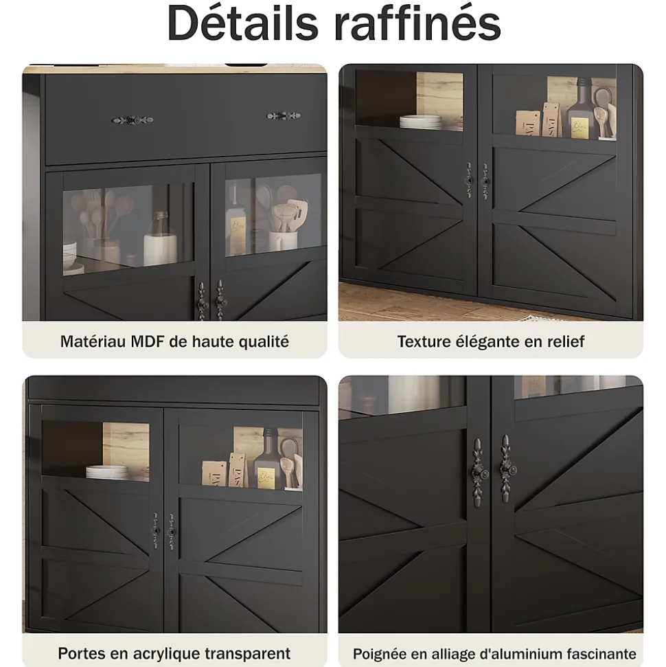 Table de Bar Extensible - Buffet Pivotant à Rotation Complète avec Rangement et Étagères, MDF - Noir, 138-204x39x104 cm
