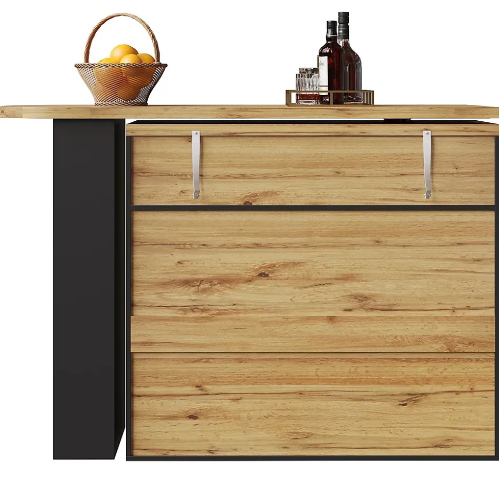 Table de Bar Extensible - Buffet Pivotant à Rotation Complète avec Rangement et Étagères, MDF - Noir, 138-204x39x104 cm