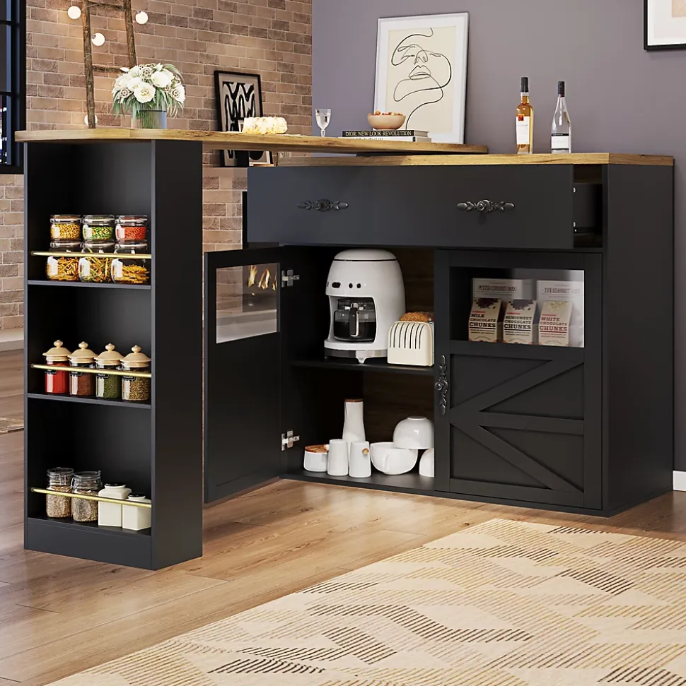 Table de Bar Extensible - Buffet Pivotant à Rotation Complète avec Rangement et Étagères, MDF - Noir, 138-204x39x104 cm