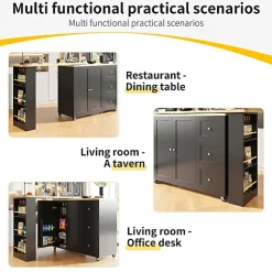 Table de Bar Extensible avec 3 Tiroirs et Support à Snacks, Meuble Bar Rotatif Multifonction, MDF, Noir, 138-209x39x104 cm