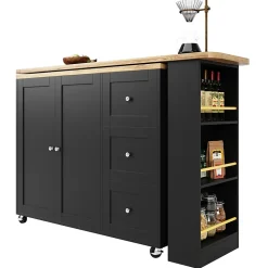 Table de Bar Extensible avec 3 Tiroirs et Support à Snacks, Meuble Bar Rotatif Multifonction, MDF, Noir, 138-209x39x104 cm