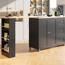 Table de Bar Extensible avec 3 Tiroirs et Support à Snacks, Meuble Bar Rotatif Multifonction, MDF, Noir, 138-209x39x104 cm