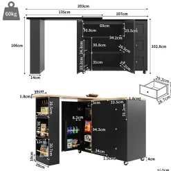 Table de Bar Extensible avec 3 Tiroirs et Support à Snacks, Meuble Bar Rotatif Multifonction, MDF, Noir, 138-209x39x104 cm