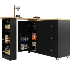 Table de Bar Extensible avec 3 Tiroirs et Support à Snacks, Meuble Bar Rotatif Multifonction, MDF, Noir, 138-209x39x104 cm