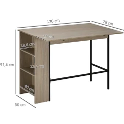 Table de bar extensible design industriel - 3 étagères intégrées - châssis métal noir aspect bois gris