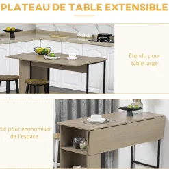 Table de bar extensible design industriel - 3 étagères intégrées - châssis métal noir aspect bois gris