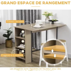 Table de bar extensible design industriel - 3 étagères intégrées - châssis métal noir aspect bois gris
