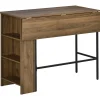 Table de bar extensible design industriel - 3 étagères intégrées - châssis métal noir aspect bois de noyer