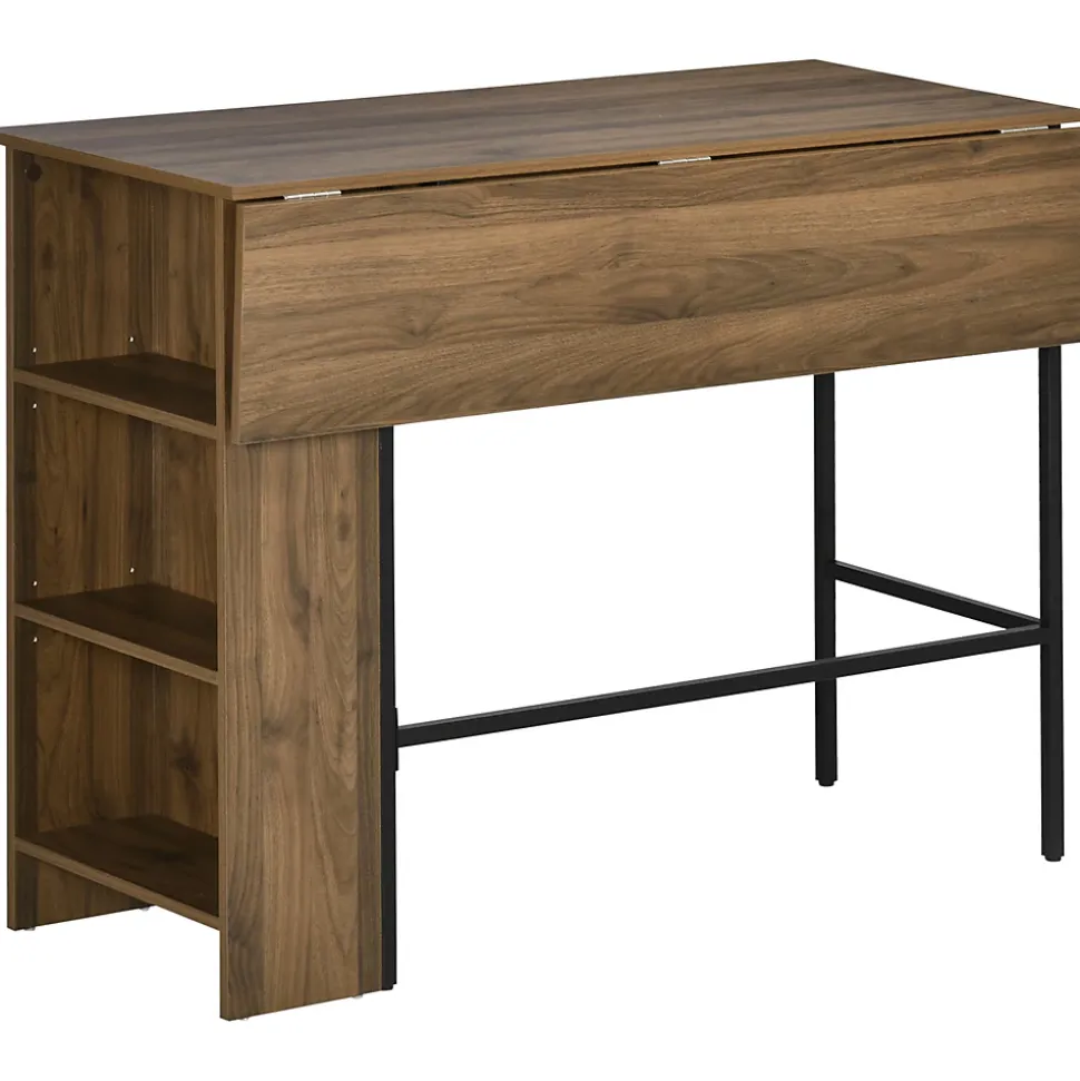 Table de bar extensible design industriel - 3 étagères intégrées - châssis métal noir aspect bois de noyer