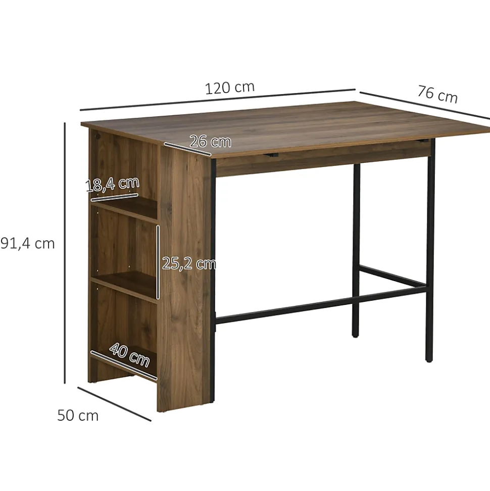Table de bar extensible design industriel - 3 étagères intégrées - châssis métal noir aspect bois de noyer