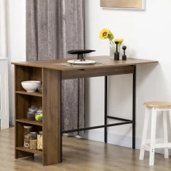 Table de bar extensible design industriel - 3 étagères intégrées - châssis métal noir aspect bois de noyer