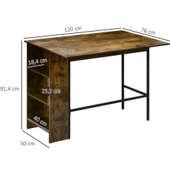 Table de bar extensible design industriel - 3 étagères intégrées - châssis métal noir aspect bois vieilli