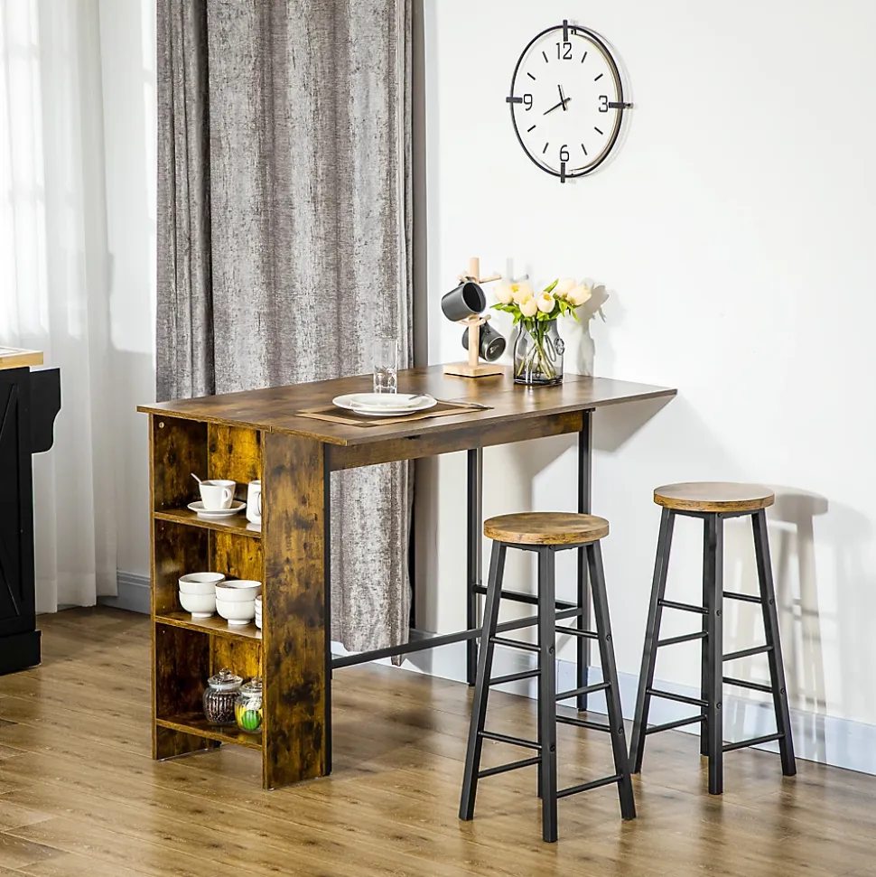 Table de bar extensible design industriel - 3 étagères intégrées - châssis métal noir aspect bois vieilli