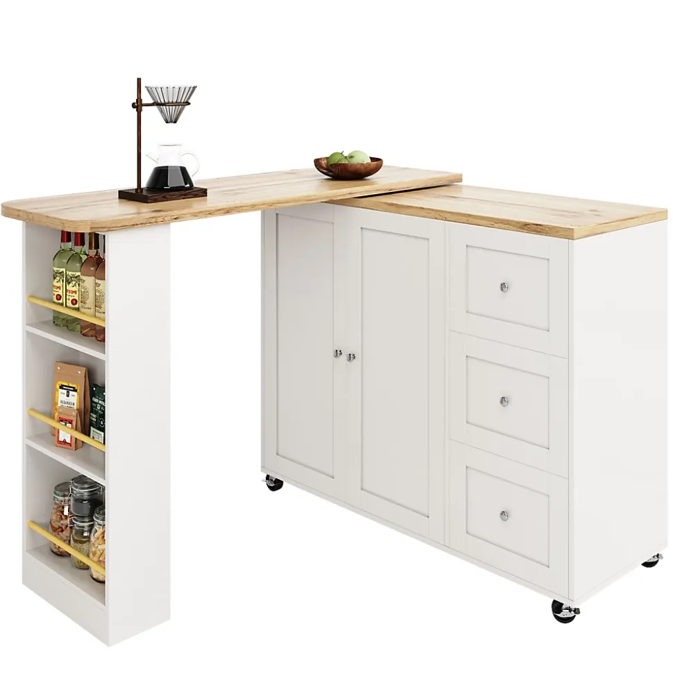 Table de bar extensible pivotante - meuble bar moderne avec 3 tiroirs et support à snacks, blanc, MDF, 138-209x39x104 cm
