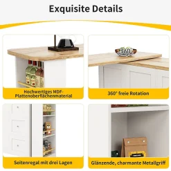 Table de bar extensible pivotante - meuble bar moderne avec 3 tiroirs et support à snacks, blanc, MDF, 138-209x39x104 cm