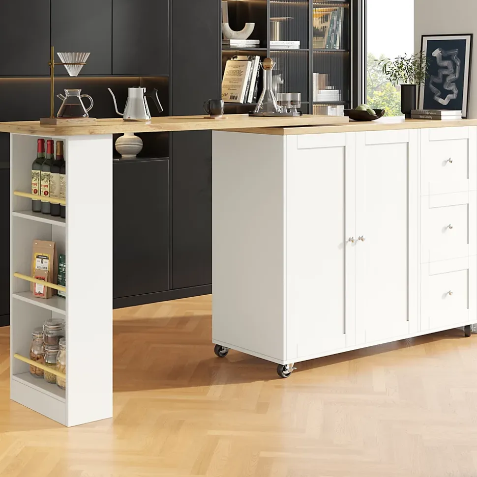Table de bar extensible pivotante - meuble bar moderne avec 3 tiroirs et support à snacks, blanc, MDF, 138-209x39x104 cm