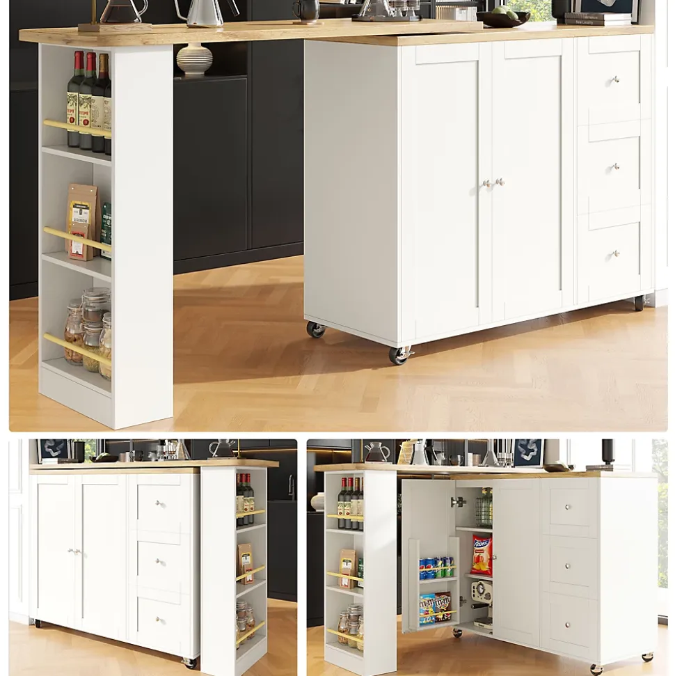 Table de bar extensible pivotante - meuble bar moderne avec 3 tiroirs et support à snacks, blanc, MDF, 138-209x39x104 cm