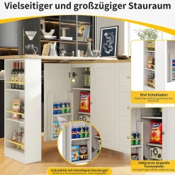 Table de bar extensible pivotante - meuble bar moderne avec 3 tiroirs et support à snacks, blanc, MDF, 138-209x39x104 cm