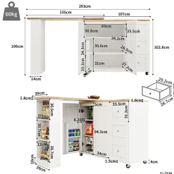 Table de bar extensible pivotante - meuble bar moderne avec 3 tiroirs et support à snacks, blanc, MDF, 138-209x39x104 cm