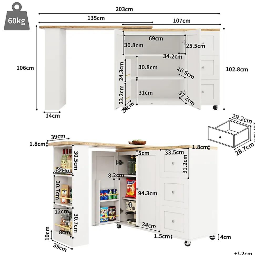 Table de bar extensible pivotante - meuble bar moderne avec 3 tiroirs et support à snacks, blanc, MDF, 138-209x39x104 cm