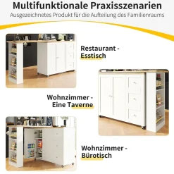 Table de bar extensible pivotante - meuble bar moderne avec 3 tiroirs et support à snacks, blanc, MDF, 138-209x39x104 cm