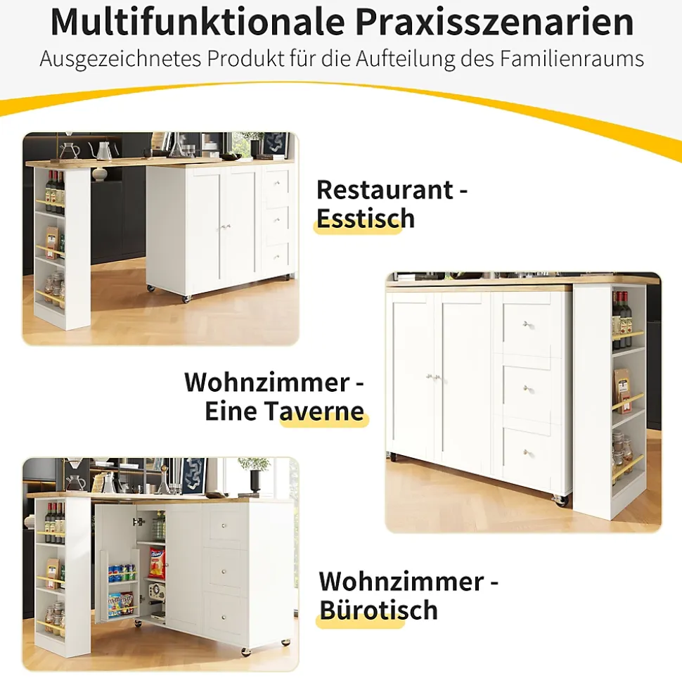 Table de bar extensible pivotante - meuble bar moderne avec 3 tiroirs et support à snacks, blanc, MDF, 138-209x39x104 cm