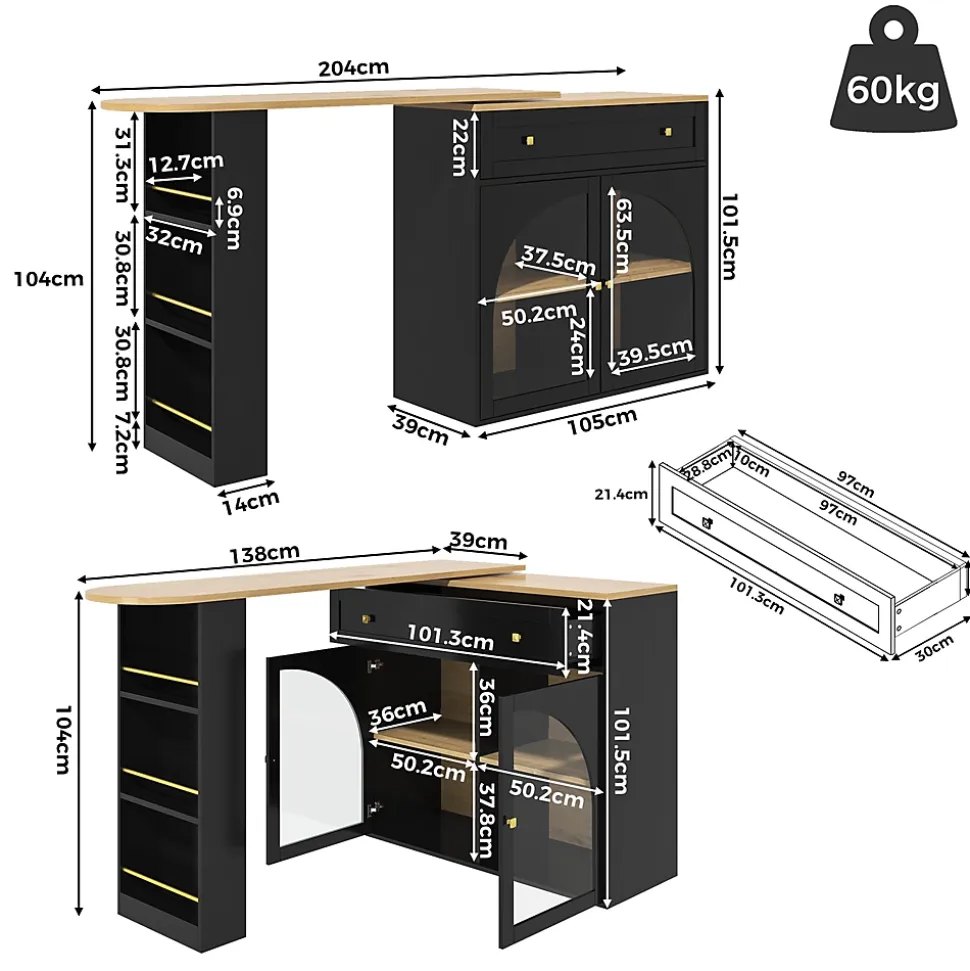Table de Bar Pivotante - Meuble de Rangement Moderne - à Complète Rotatif, 3 Étagères Latérales, MDF - Noir, 138-204x39x104 cm
