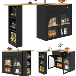 Table de Bar Pivotante - Meuble de Rangement Moderne - à Complète Rotatif, 3 Étagères Latérales, MDF - Noir, 138-204x39x104 cm