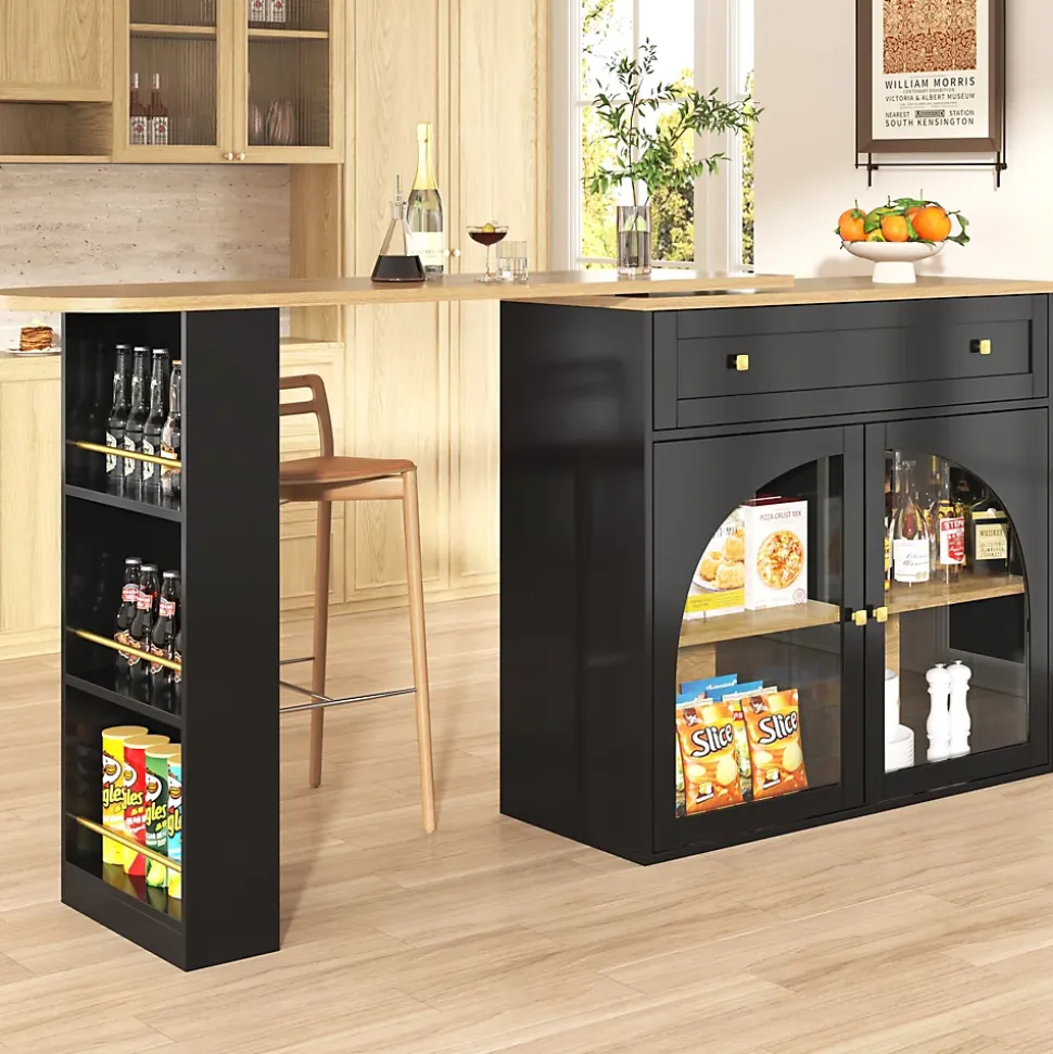 Table de Bar Pivotante - Meuble de Rangement Moderne - à Complète Rotatif, 3 Étagères Latérales, MDF - Noir, 138-204x39x104 cm