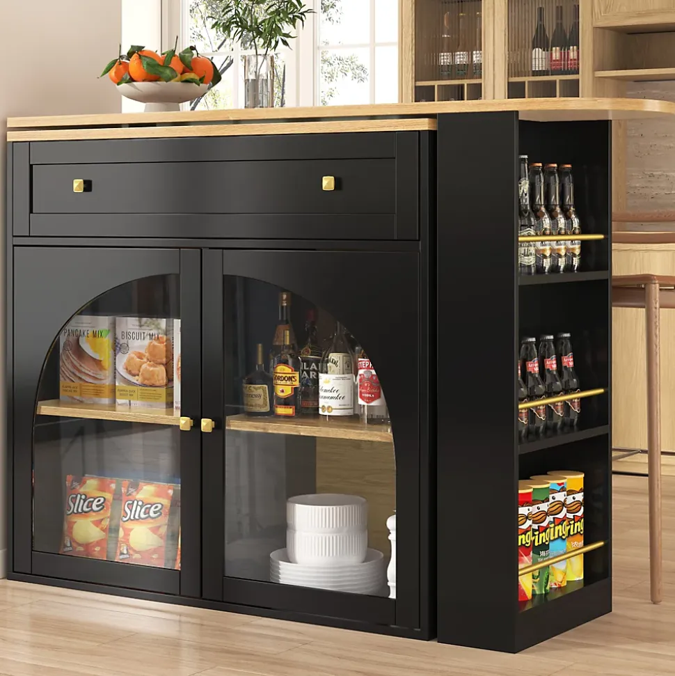 Table de Bar Pivotante - Meuble de Rangement Moderne - à Complète Rotatif, 3 Étagères Latérales, MDF - Noir, 138-204x39x104 cm