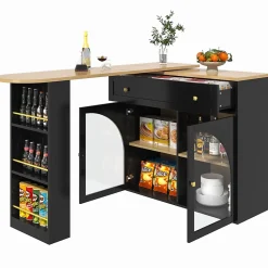 Table de Bar Pivotante - Meuble de Rangement Moderne - à Complète Rotatif, 3 Étagères Latérales, MDF - Noir, 138-204x39x104 cm