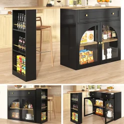 Table de Bar Pivotante - Meuble de Rangement Moderne - à Complète Rotatif, 3 Étagères Latérales, MDF - Noir, 138-204x39x104 cm